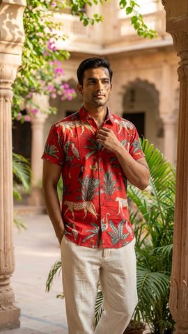 Red Jungle Print Half Sleeve Cotton Shirt for Men
