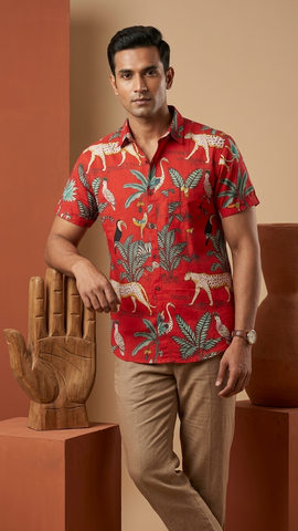Red Jungle Print Half Sleeve Cotton Shirt for Men