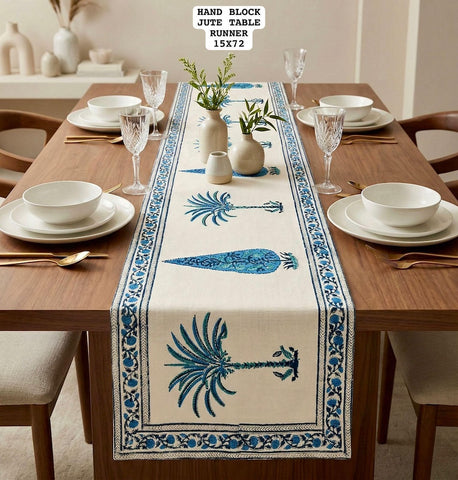 Hand Block Printed Jute Table Runner ( 6 Seater )