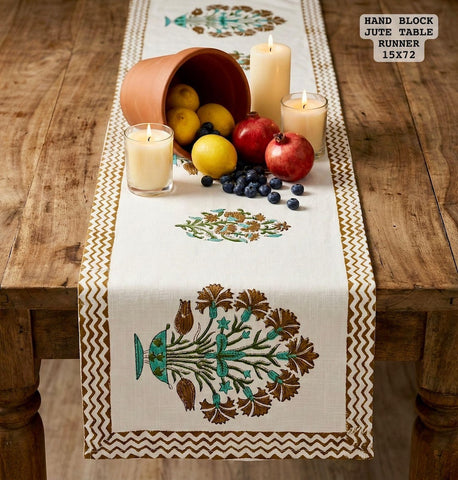 Hand Block Printed Jute Table Runner ( 6 Seater )