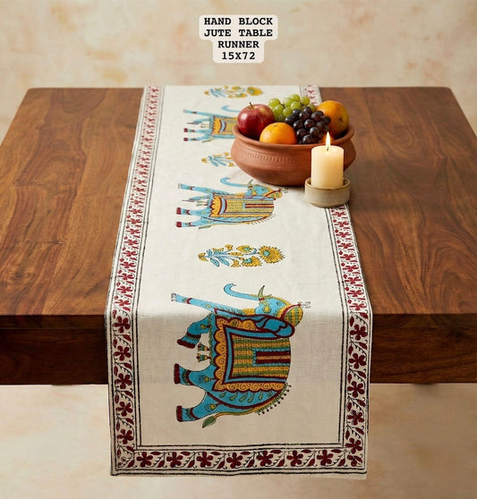 Hand Block Printed Jute Table Runner ( 6 Seater )