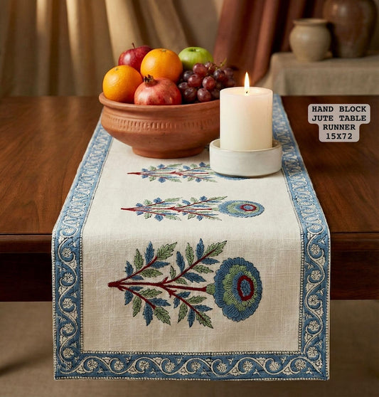 Hand Block Printed Jute Table Runner ( 6 Seater )