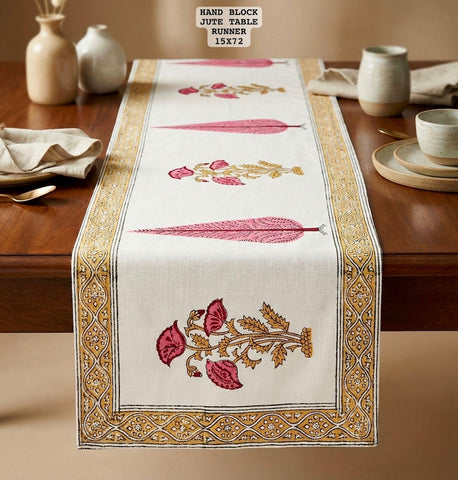 Hand Block Printed Jute Table Runner ( 6 Seater )