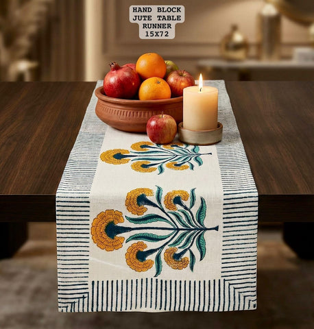 Hand Block Printed Jute Table Runner ( 6 Seater )