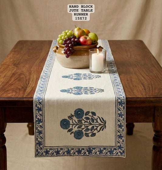 Hand Block Printed Jute Table Runner ( 6 Seater )