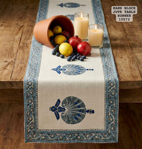 Hand Block Printed Jute Table Runner ( 6 Seater )