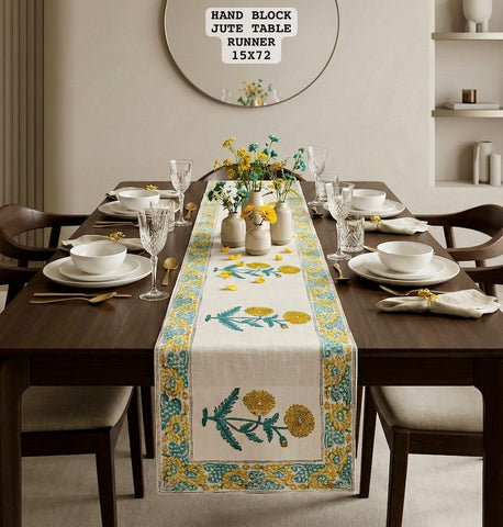 Hand Block Printed Jute Table Runner ( 6 Seater )