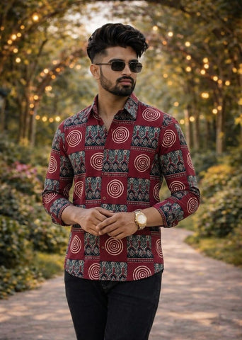 Classic Kalamkari Block Print Full Sleeves Cotton Men Shirt - Organic