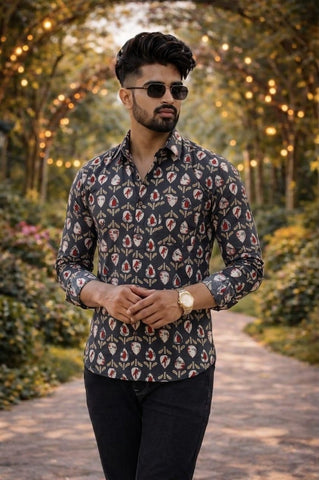 Classic Kalamkari Block Print Full Sleeves Cotton Men Shirt - Organic