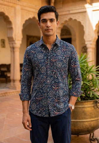Classic Kalamkari Block Print Full Sleeves Cotton Men Shirt - Organic