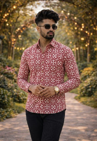 Classic Kalamkari Block Print Full Sleeves Cotton Men Shirt - Organic