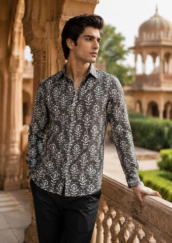 Classic Kalamkari Block Print Full Sleeves Cotton Men Shirt - Organic
