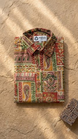 Short Sleeve Kalamkari Print Cotton Shirt For Men