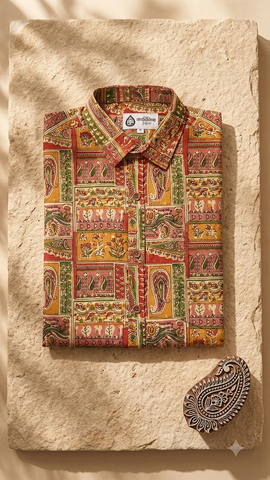 Short Sleeve Kalamkari Print Cotton Shirt For Men