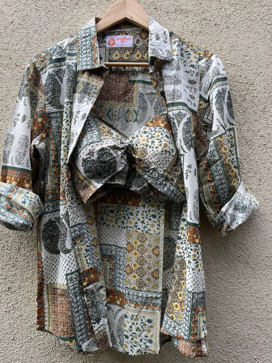Kalamkari Print Shirt & Bralette Combo Set - Oversized Brown