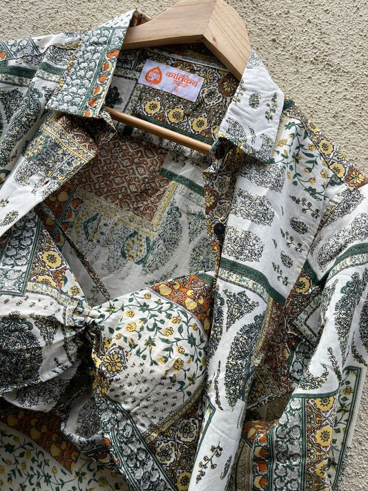 Kalamkari Print Shirt & Bralette Combo Set - Oversized Brown