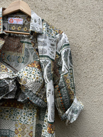 Kalamkari Print Shirt & Bralette Combo Set - Oversized Brown