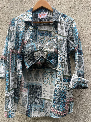 Kalamkari Print Shirt & Bralette Combo Set - Oversized Sky