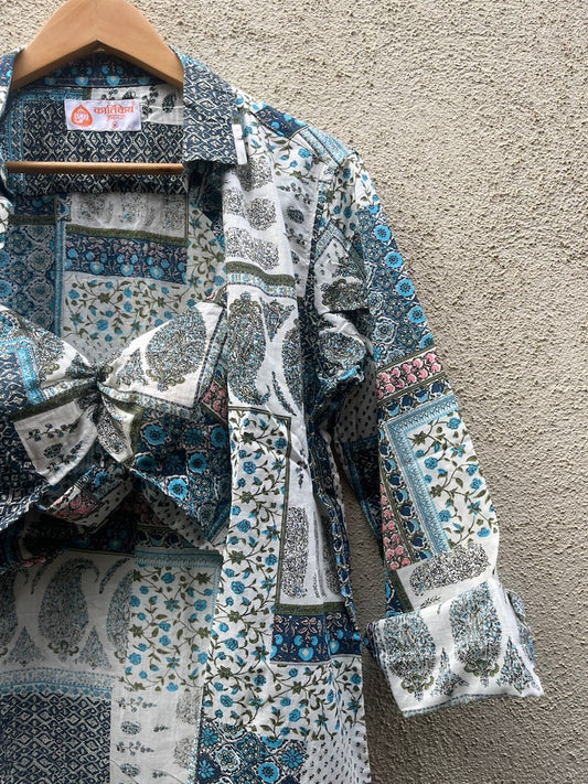 Kalamkari Print Shirt & Bralette Combo Set - Oversized Sky