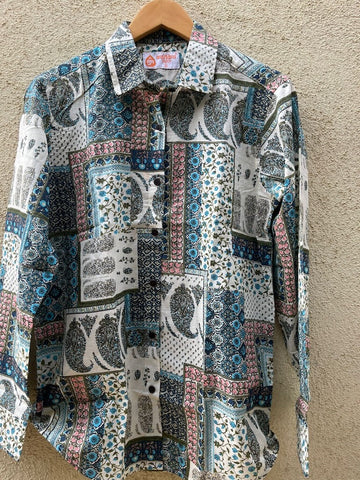Kalamkari Print Full Sleeve Cotton Shirt for Womens - SKY