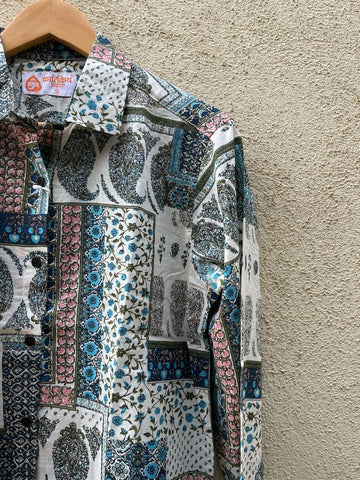 Kalamkari Print Full Sleeve Cotton Shirt for Womens - SKY