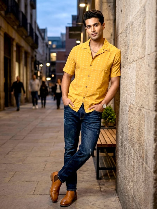 Classic Kannada Script Cuban Collar Shirt for Men