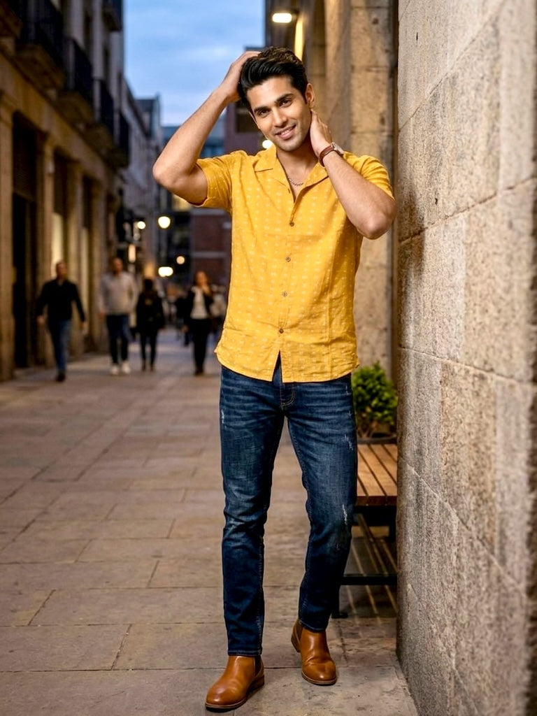Classic Kannada Script Cuban Collar Shirt for Men