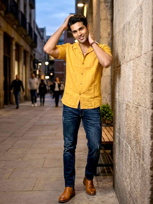 Classic Kannada Script Cuban Collar Shirt for Men