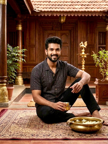 Classic Kannada Script Cuban Collar Shirt for Men - Black