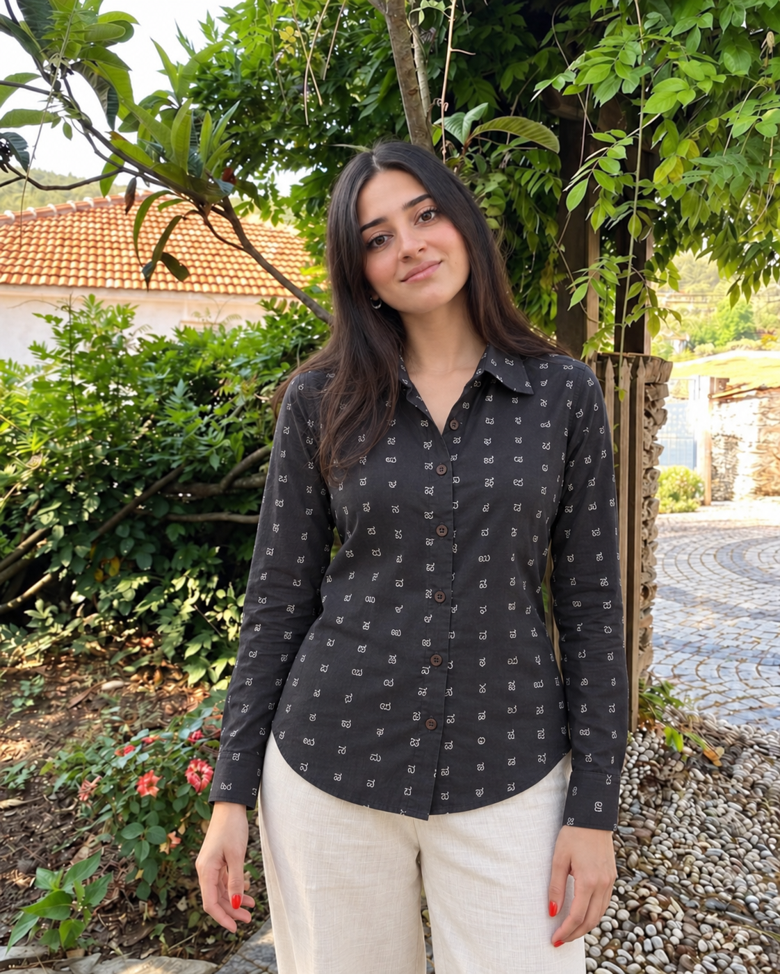 Kannada Alphabet Full Sleeves Classic Shirt for Women - BLACK