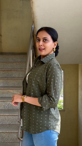 Kannada Alphabet Full Sleeves Classic Shirt for Women - Olive