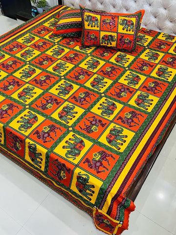 Traditional Kantha Work Double King Size Bedsheet with 2 Zipped Pillow Cover