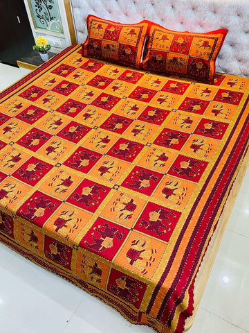 Traditional Kantha Work Double King Size Bedsheet with 2 Zipped Pillow Cover