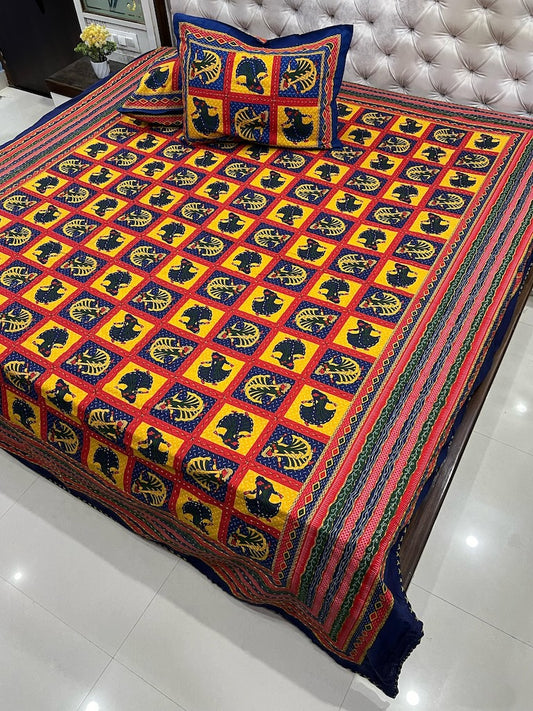 Traditional Kantha Work Double King Size Bedsheet with 2 Zipped Pillow Cover
