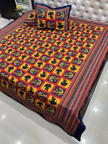 Traditional Kantha Work Double King Size Bedsheet with 2 Zipped Pillow Cover