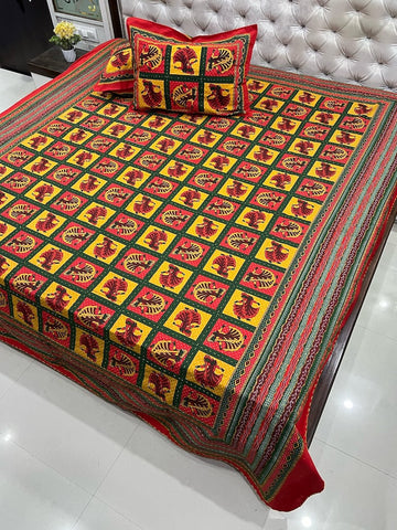 Traditional Kantha Work Double King Size Bedsheet with 2 Zipped Pillow Cover