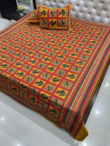 Traditional Kantha Work Double King Size Bedsheet with 2 Zipped Pillow Cover