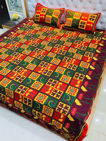 Traditional Kantha Work Double King Size Bedsheet with 2 Zipped Pillow Cover