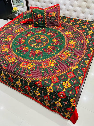 Traditional Kantha Work Double King Size Bedsheet with 2 Zipped Pillow Cover