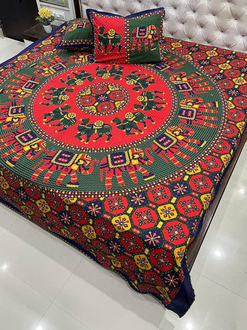 Traditional Kantha Work Double King Size Bedsheet with 2 Zipped Pillow Cover