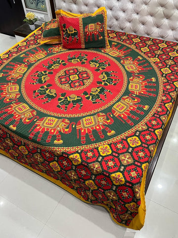 Traditional Kantha Work Double King Size Bedsheet with 2 Zipped Pillow Cover