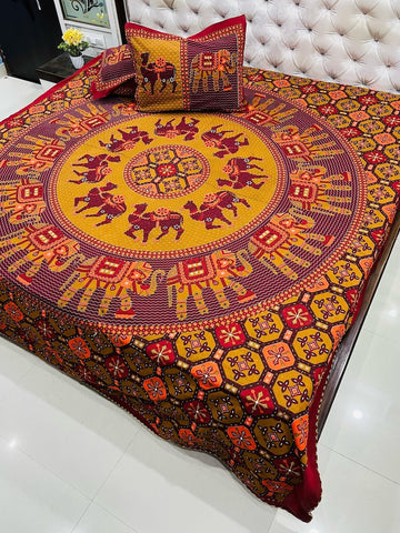 Traditional Kantha Work Double King Size Bedsheet with 2 Zipped Pillow Cover