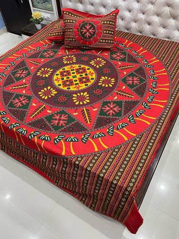 Traditional Kantha Work Double King Size Bedsheet with 2 Zipped Pillow Cover