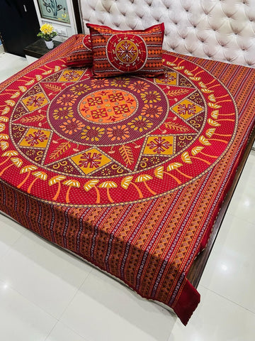 Traditional Kantha Work Double King Size Bedsheet with 2 Zipped Pillow Cover