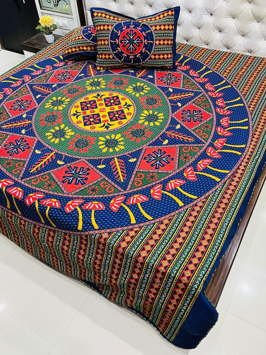 Traditional Kantha Work Double King Size Bedsheet with 2 Zipped Pillow Cover