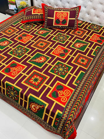 Traditional Kantha Work Double King Size Bedsheet with 2 Zipped Pillow Cover