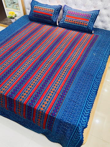 Traditional Kantha Work Double King Size Bedsheet with 2 Zipped Pillow Cover