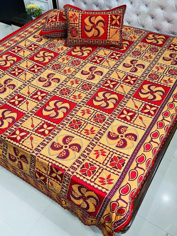 Traditional Kantha Work Double King Size Bedsheet with 2 Zipped Pillow Cover