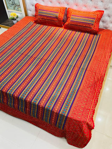 Traditional Kantha Work Double King Size Bedsheet with 2 Zipped Pillow Cover