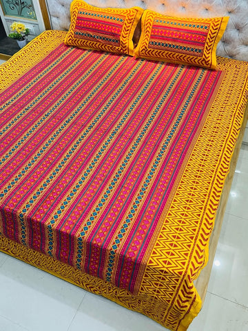 Traditional Kantha Work Double King Size Bedsheet with 2 Zipped Pillow Cover